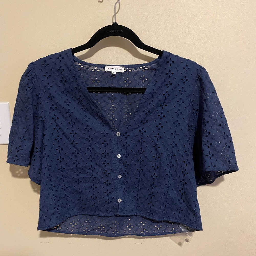 Mimosa Womens Medium Navy Eyelet Top